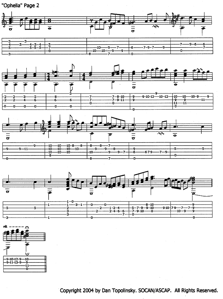 Notation and tabs for "Tombeau sur la Morte D'Ophelie", a classical guitar piece for Jam Makers by Kingston musician Dan Topolinsky.